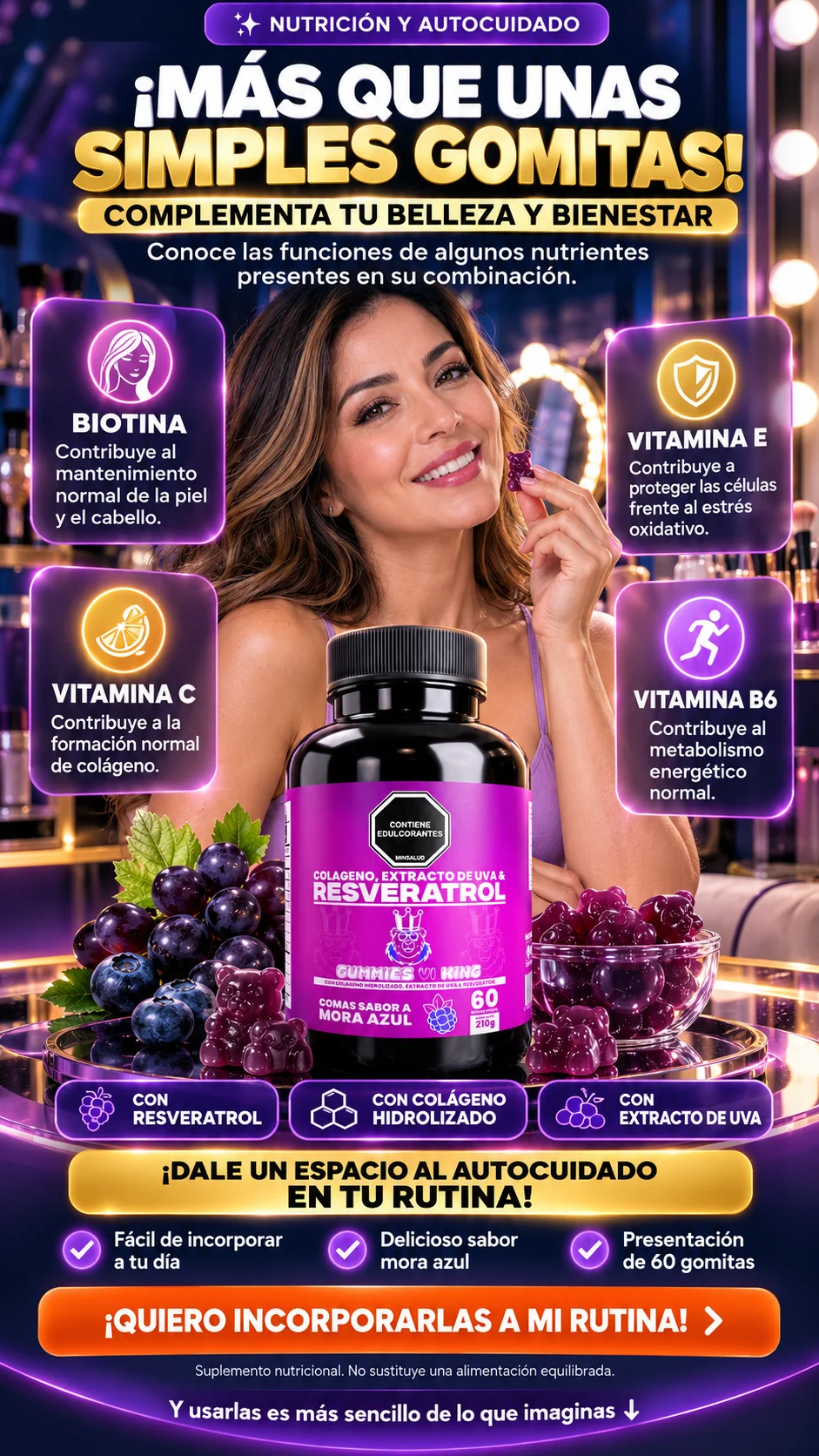 Gomitas de Resveratrol + Colágeno Hidrolizado + Vitaminas — Fórmula de Belleza y Bienestar.